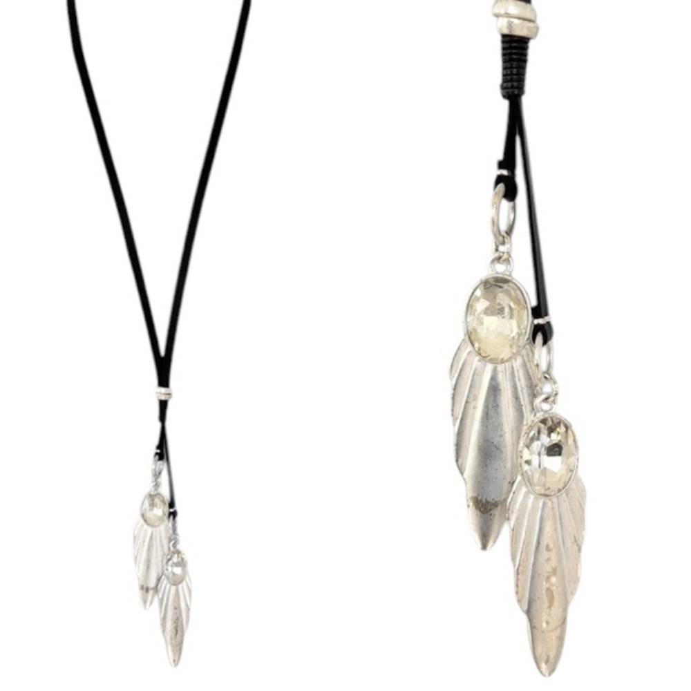 Vintage silver feather pendant long adjustable statement necklace